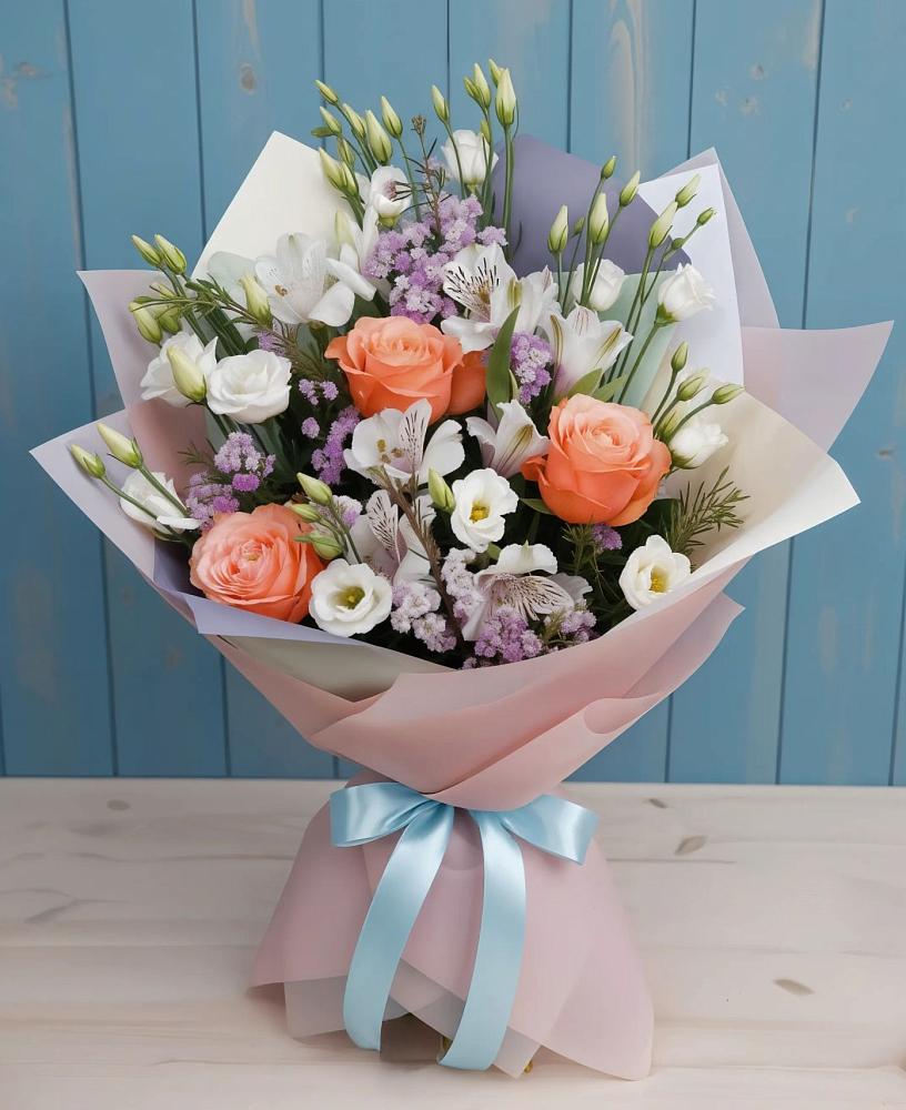 Букет цветов из: Лизиантусы, Розы, Альстромерии и Гипсофила в Любохне